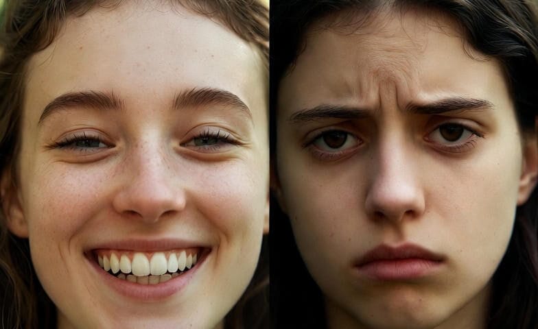 Showing emotion with a happy and sad face of two girls