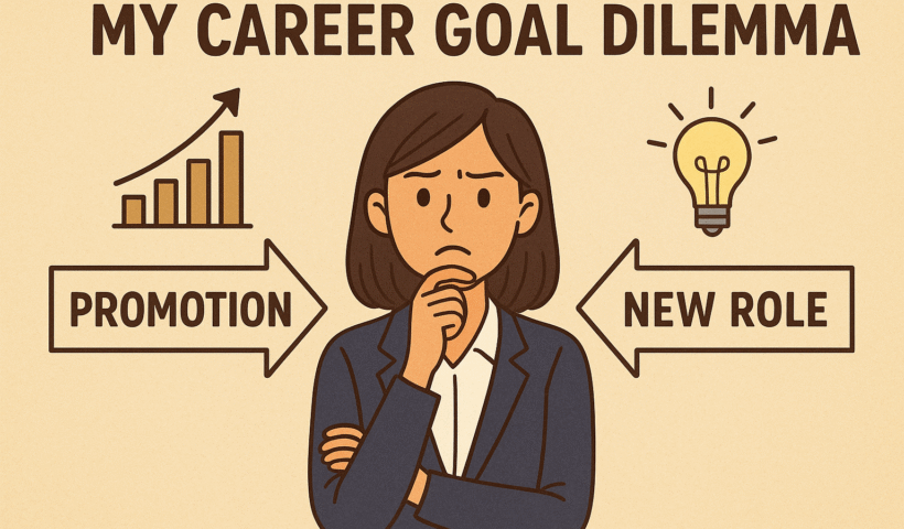 Confused female professional thinking about career choices with arrows for promotion and new role.