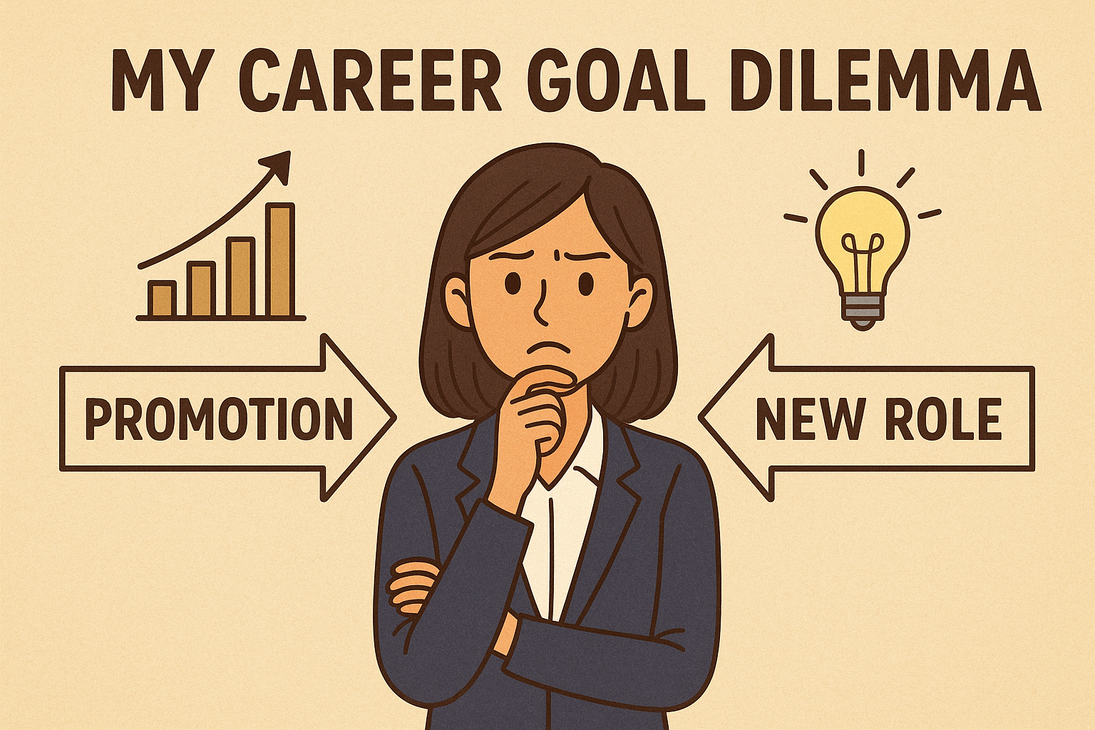 Confused female professional thinking about career choices with arrows for promotion and new role.
