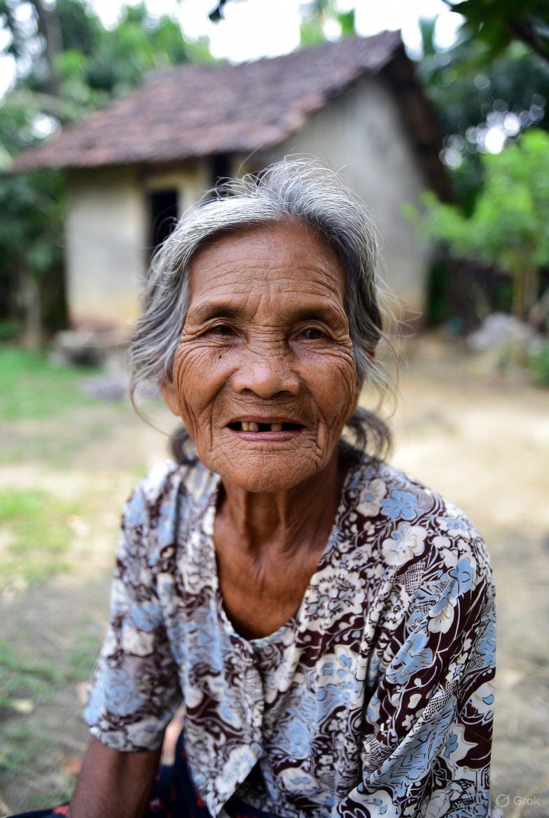 an old poor grandma with a faint smile