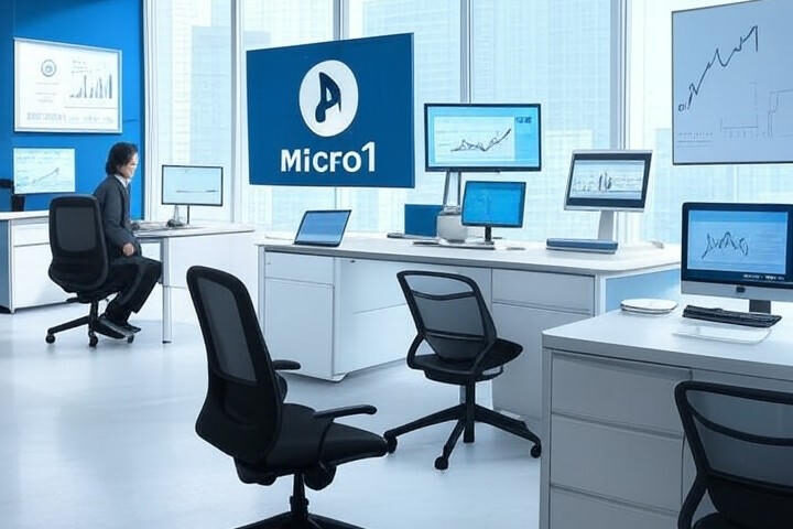 Micro1 $100M ARR — sleek blue-and-white illustration of the Micro1 logo in a futuristic office with upward-trending charts and subtle AI/data visuals.