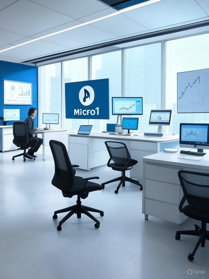 Micro1 $100M ARR — sleek blue-and-white illustration of the Micro1 logo in a futuristic office with upward-trending charts and subtle AI/data visuals.