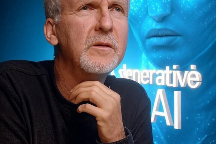James Cameron with an Avataar character at its background