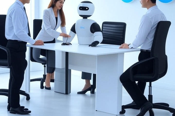 Digital illustration of Meta’s unified Facebook and Instagram support team in a bright office with a prominent Meta logo and an AI chatbot assisting users on screens; blue-and-white color palette. Short: Meta support team illustration showing Facebook and Instagram help desks, Meta logo, and AI chatbot on screens in blue-and-white.