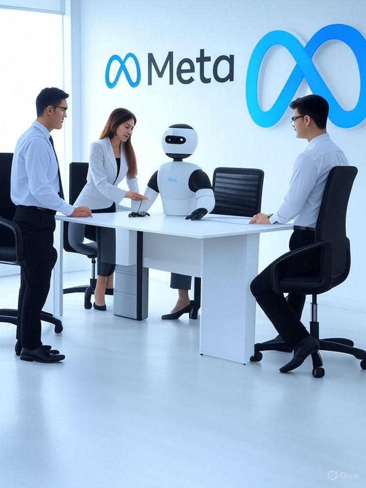 Digital illustration of Meta’s unified Facebook and Instagram support team in a bright office with a prominent Meta logo and an AI chatbot assisting users on screens; blue-and-white color palette. Short: Meta support team illustration showing Facebook and Instagram help desks, Meta logo, and AI chatbot on screens in blue-and-white.