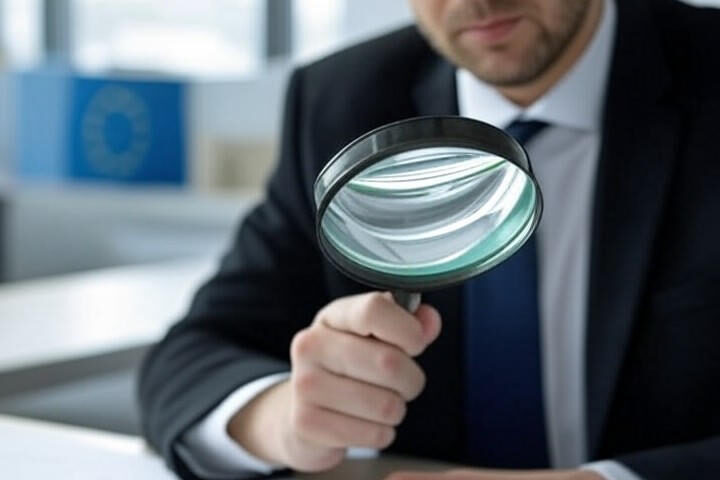 EU investigates Meta over WhatsApp AI chatbot ban: EU officials review policy documents, magnifying glass on Meta logo with WhatsApp logo and EU flag in blue-white design