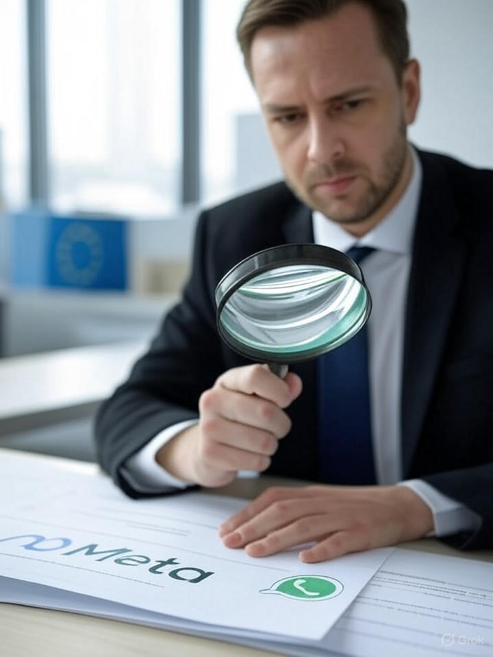 EU investigates Meta over WhatsApp AI chatbot ban: EU officials review policy documents, magnifying glass on Meta logo with WhatsApp logo and EU flag in blue-white design