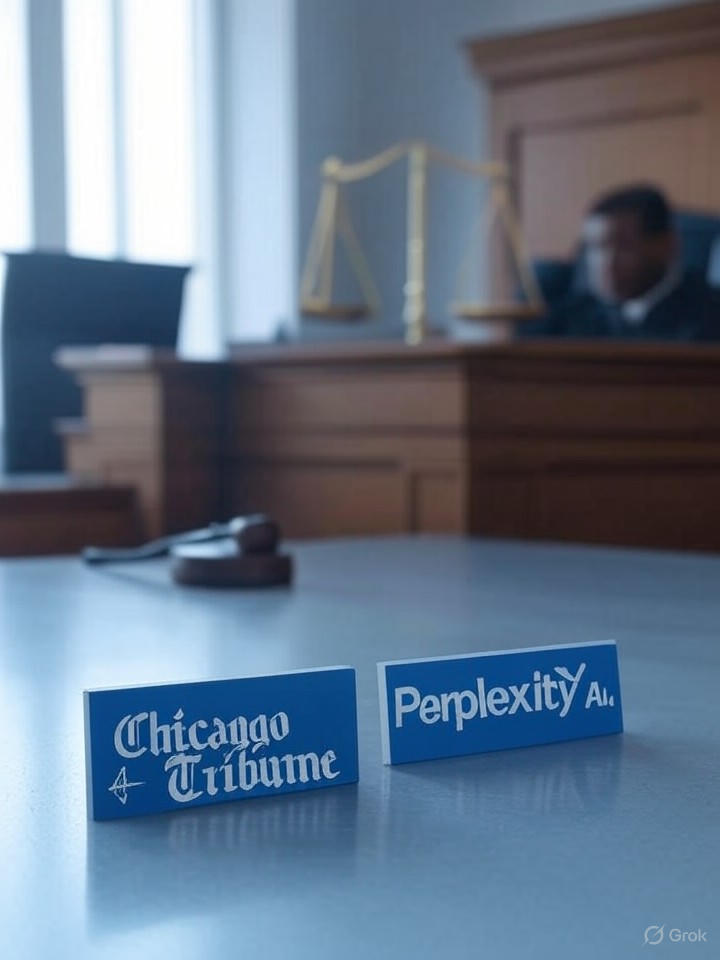 Illustration of Chicago Tribune suing Perplexity AI: official logos over courtroom backdrop with gavel and scales of justice.