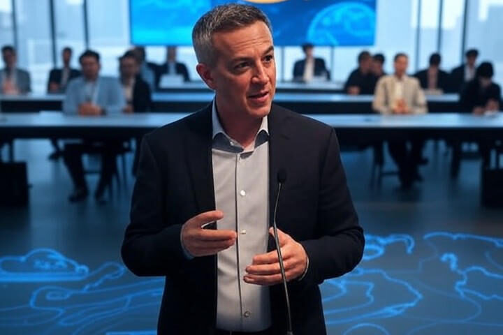 AWS re:Invent 2025 stage with prominent AWS logo, sleek conference setting, cloud computing and AI digital motifs, and keynote speaker silhouettes.