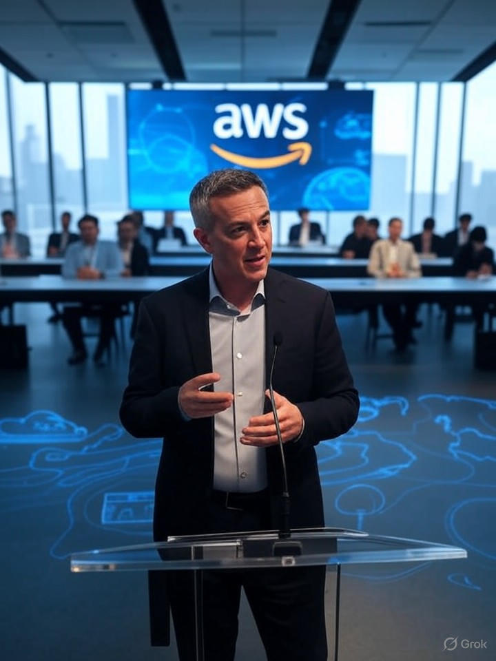 AWS re:Invent 2025 stage with prominent AWS logo, sleek conference setting, cloud computing and AI digital motifs, and keynote speaker silhouettes.
