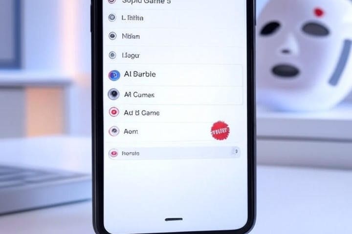 Modern smartphone and laptop showing Google’s top searches of 2025 with a sleek trending list featuring "AI Barbie" (futuristic doll, subtle Mattel mark) and "Squid Game 3" (minimal mask).