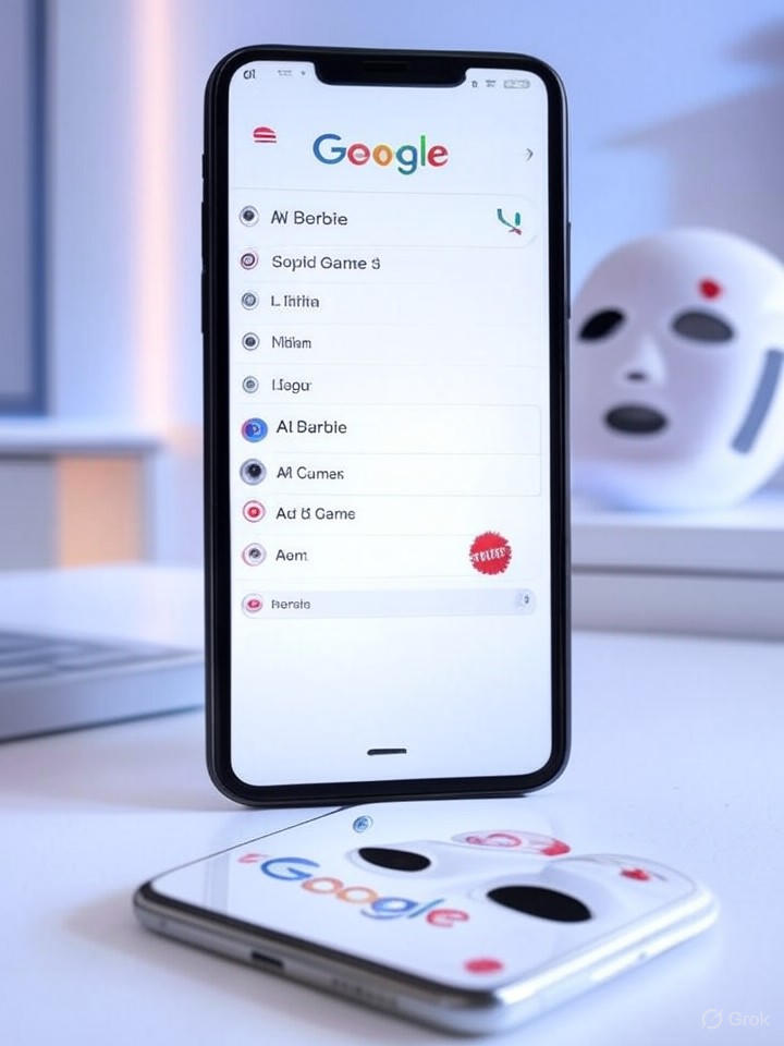 Modern smartphone and laptop showing Google’s top searches of 2025 with a sleek trending list featuring "AI Barbie" (futuristic doll, subtle Mattel mark) and "Squid Game 3" (minimal mask).