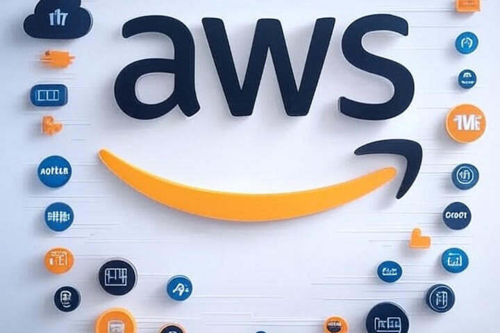 Short (accessibility-friendly): "AWS re:Invent 2025 graphic with centered AWS logo, cloud/AI/data-stream icons, Microsoft/Google/Salesforce logos and speaker silhouettes." SEO-friendly (balanced): "Sleek AWS re:Invent 2025 headline image — bold centered AWS logo with cloud, AI and data-stream icons radiating outward, subtle Microsoft, Google and Salesforce logos and silhouetted speakers in deep blue, orange and white palette." Long (keyword-rich for SEO use): "AWS re:Invent 2025 tech news graphic: bold AWS logo centered, visually appealing cloud, AI and data-stream icons radiating outward, subtle Microsoft, Google and Salesforce logos integrated, silhouetted keynote speakers, modern minimalistic deep blue, orange and white palette — highlights from the biggest AWS conference and big tech announcements."