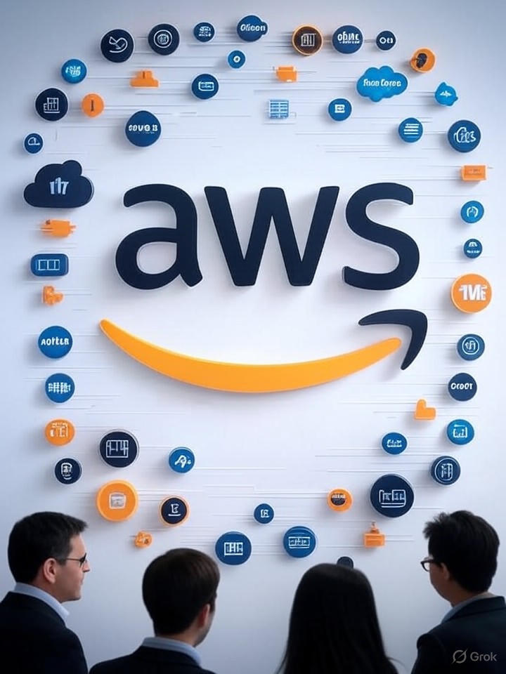 Short (accessibility-friendly): "AWS re:Invent 2025 graphic with centered AWS logo, cloud/AI/data-stream icons, Microsoft/Google/Salesforce logos and speaker silhouettes." SEO-friendly (balanced): "Sleek AWS re:Invent 2025 headline image — bold centered AWS logo with cloud, AI and data-stream icons radiating outward, subtle Microsoft, Google and Salesforce logos and silhouetted speakers in deep blue, orange and white palette." Long (keyword-rich for SEO use): "AWS re:Invent 2025 tech news graphic: bold AWS logo centered, visually appealing cloud, AI and data-stream icons radiating outward, subtle Microsoft, Google and Salesforce logos integrated, silhouetted keynote speakers, modern minimalistic deep blue, orange and white palette — highlights from the biggest AWS conference and big tech announcements."
