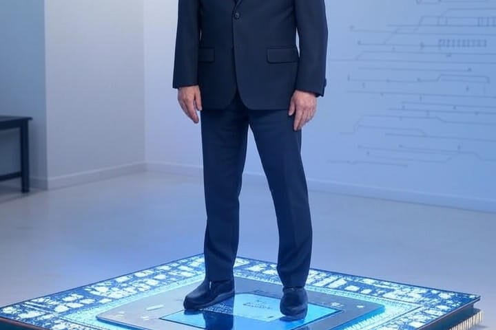 Pat Gelsinger, Intel CEO, stands confidently on a microchip amid circuit patterns and silicon wafers; a prominent Intel logo and a stylized Capitol-handshake backdrop symbolize federal support for preserving Moore’s Law.