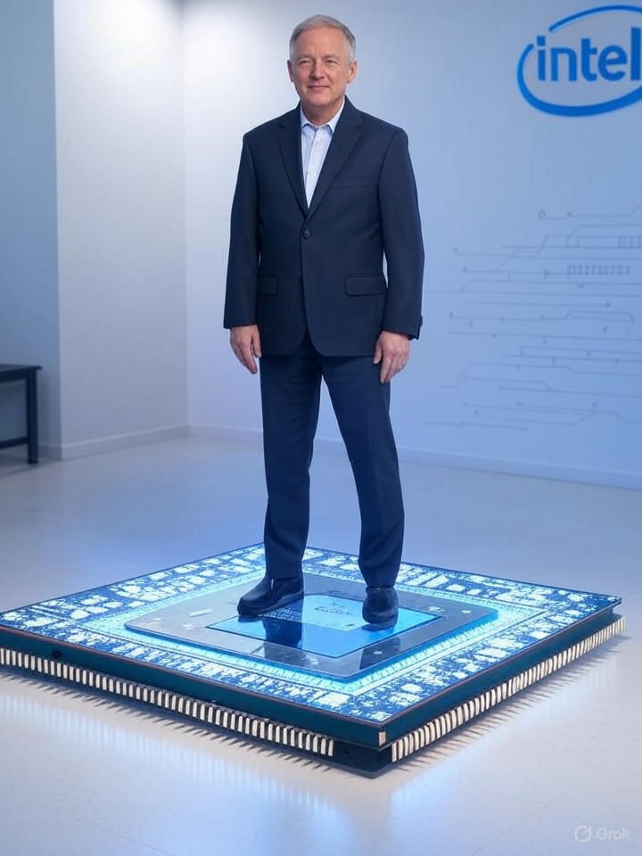 Pat Gelsinger, Intel CEO, stands confidently on a microchip amid circuit patterns and silicon wafers; a prominent Intel logo and a stylized Capitol-handshake backdrop symbolize federal support for preserving Moore’s Law.