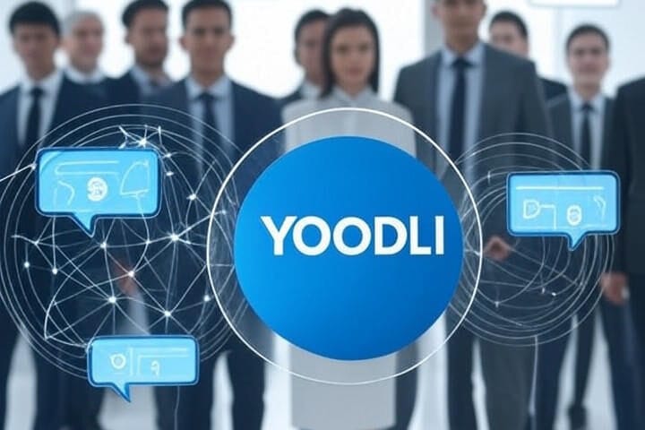 Yoodli logo with AI-powered neural network and chat icons assisting diverse business professionals; sleek upward gold graph suggests rapid growth and $300M+ valuation.
