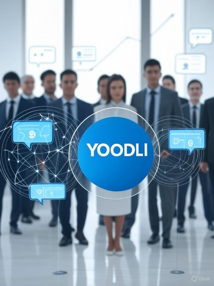 Yoodli logo with AI-powered neural network and chat icons assisting diverse business professionals; sleek upward gold graph suggests rapid growth and $300M+ valuation.