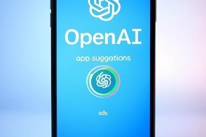 Smartphone illustration with OpenAI logo; app suggestions/ads toggled off (crossed-out ad icon) on blue-white-green gradient.