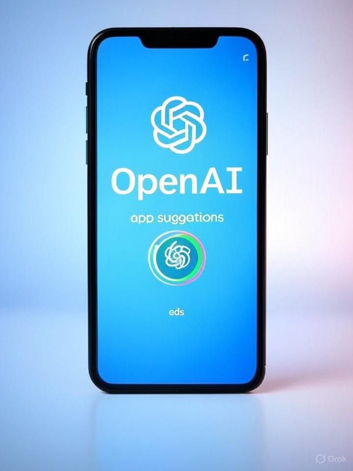 Smartphone illustration with OpenAI logo; app suggestions/ads toggled off (crossed-out ad icon) on blue-white-green gradient.
