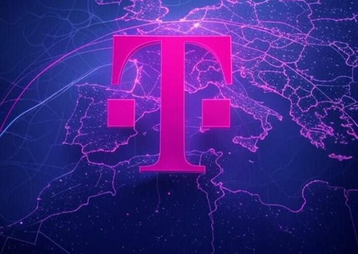 Deutsche Telekom logo over a sleek map of Europe with glowing digital lines and subtle neural‑network and circuit motifs, illustrating AI-driven connectivity and innovation.