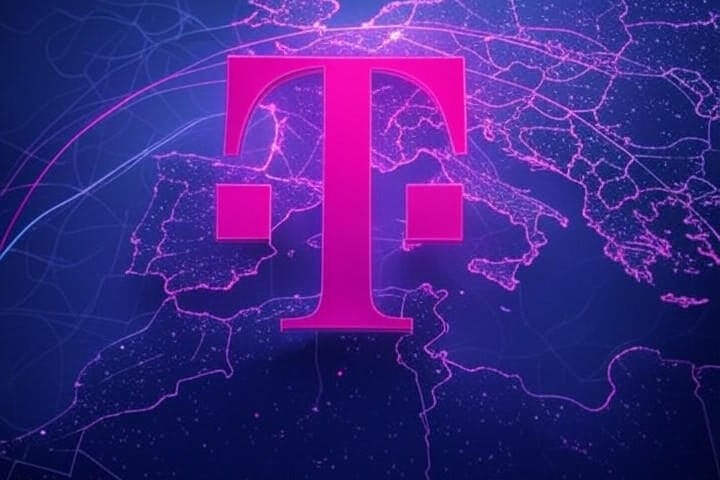 Deutsche Telekom logo over a sleek map of Europe with glowing digital lines and subtle neural‑network and circuit motifs, illustrating AI-driven connectivity and innovation.