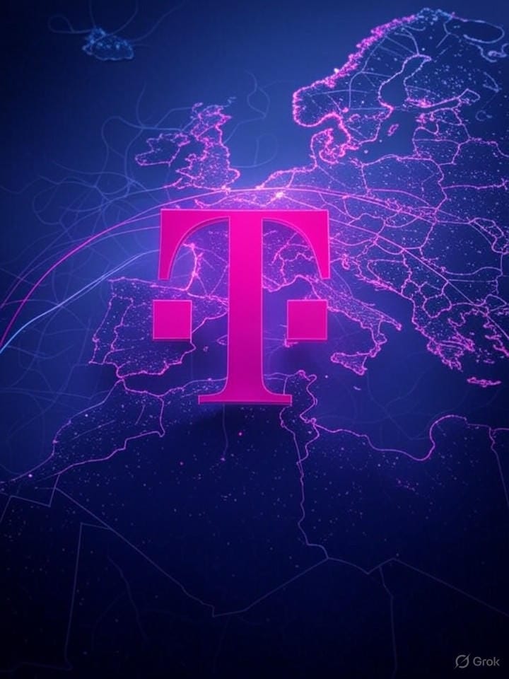 Deutsche Telekom logo over a sleek map of Europe with glowing digital lines and subtle neural‑network and circuit motifs, illustrating AI-driven connectivity and innovation.