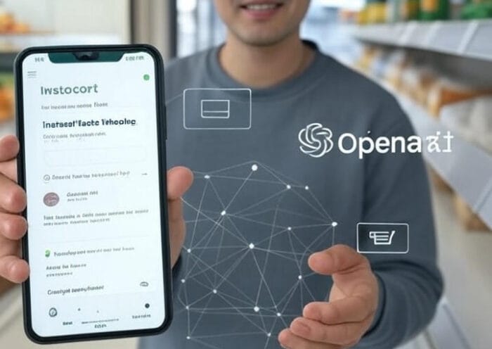 Instacart and OpenAI logos with a friendly user browsing a mobile app; AI-powered shopping suggestions and grocery items float in a bright, minimal design with subtle neural-network accents.