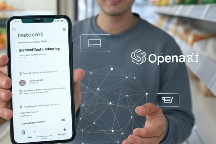 Instacart and OpenAI logos with a friendly user browsing a mobile app; AI-powered shopping suggestions and grocery items float in a bright, minimal design with subtle neural-network accents.