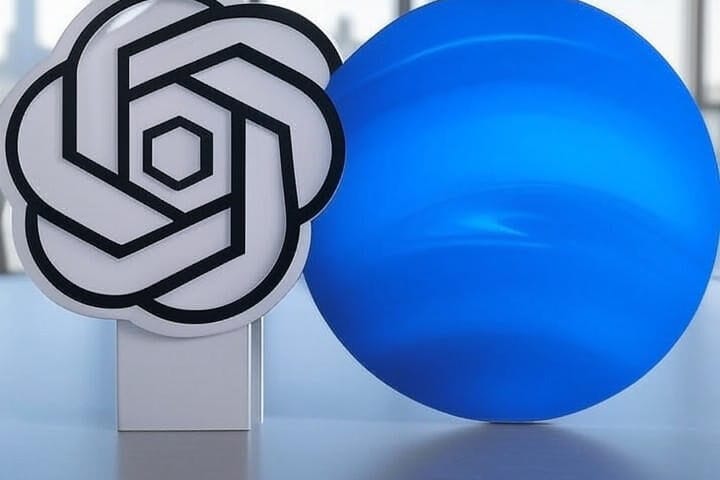 OpenAI acquires Neptune — clean, modern illustration of OpenAI and Neptune logos merging with sleek whites, blues, and dark grays, subtle geometric tech background.