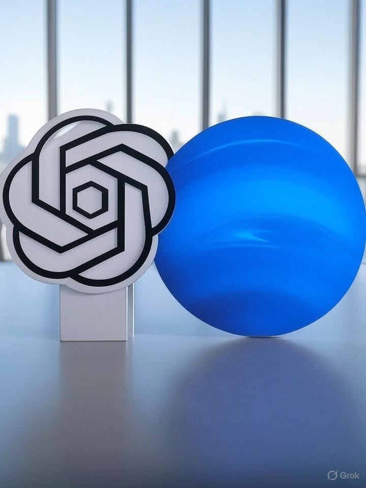 OpenAI acquires Neptune — clean, modern illustration of OpenAI and Neptune logos merging with sleek whites, blues, and dark grays, subtle geometric tech background.