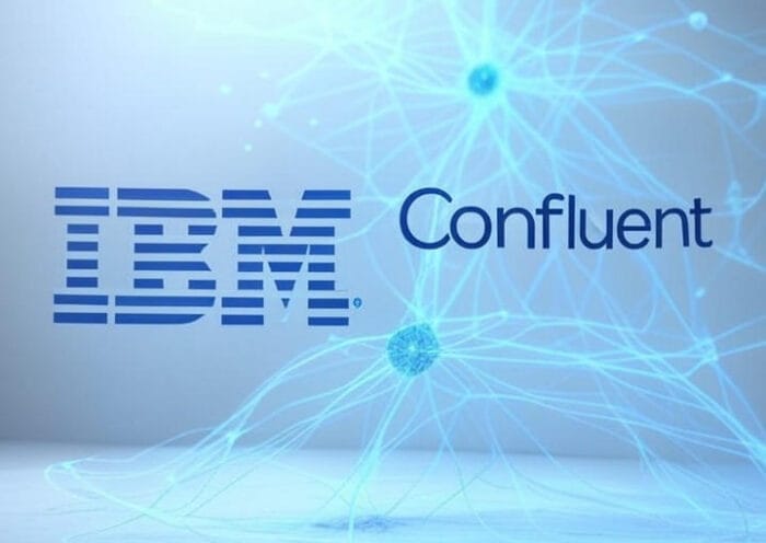 IBM and Confluent logos connected by a futuristic AI data-flow graphic representing IBM’s $11 billion acquisition to expand Confluent-powered AI capabilities.