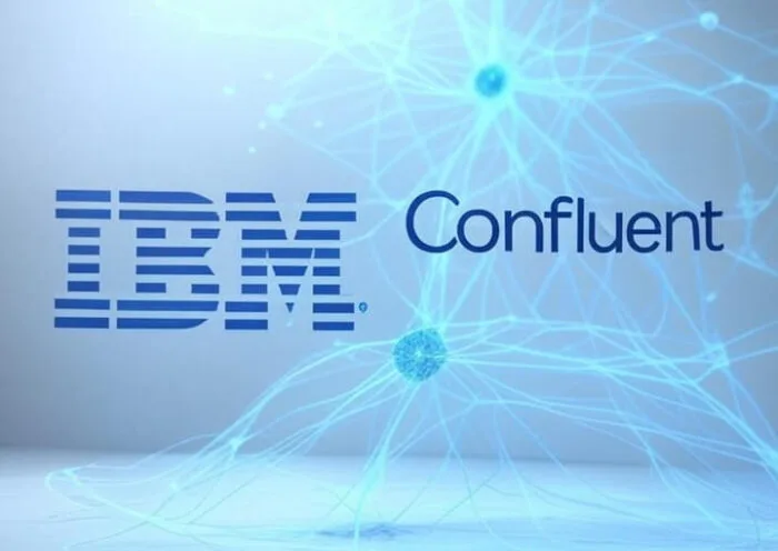 IBM and Confluent logos connected by a futuristic AI data-flow graphic representing IBM’s $11 billion acquisition to expand Confluent-powered AI capabilities.