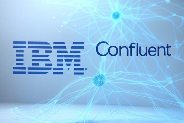 IBM and Confluent logos connected by a futuristic AI data-flow graphic representing IBM’s $11 billion acquisition to expand Confluent-powered AI capabilities.