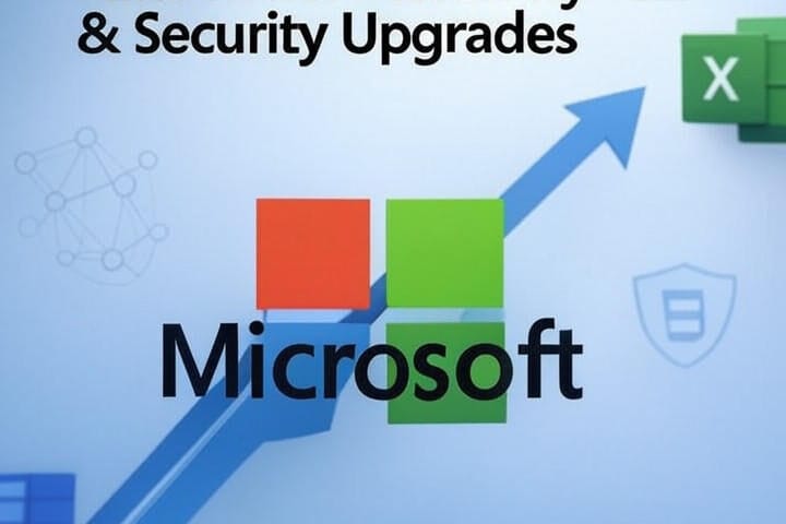 Microsoft Office Price Hike 2026 headline with prominent Microsoft logo, upward arrow/graph for rising prices, AI neural-network and shield icons, subtle Word and Excel icons on a blue‑white background.