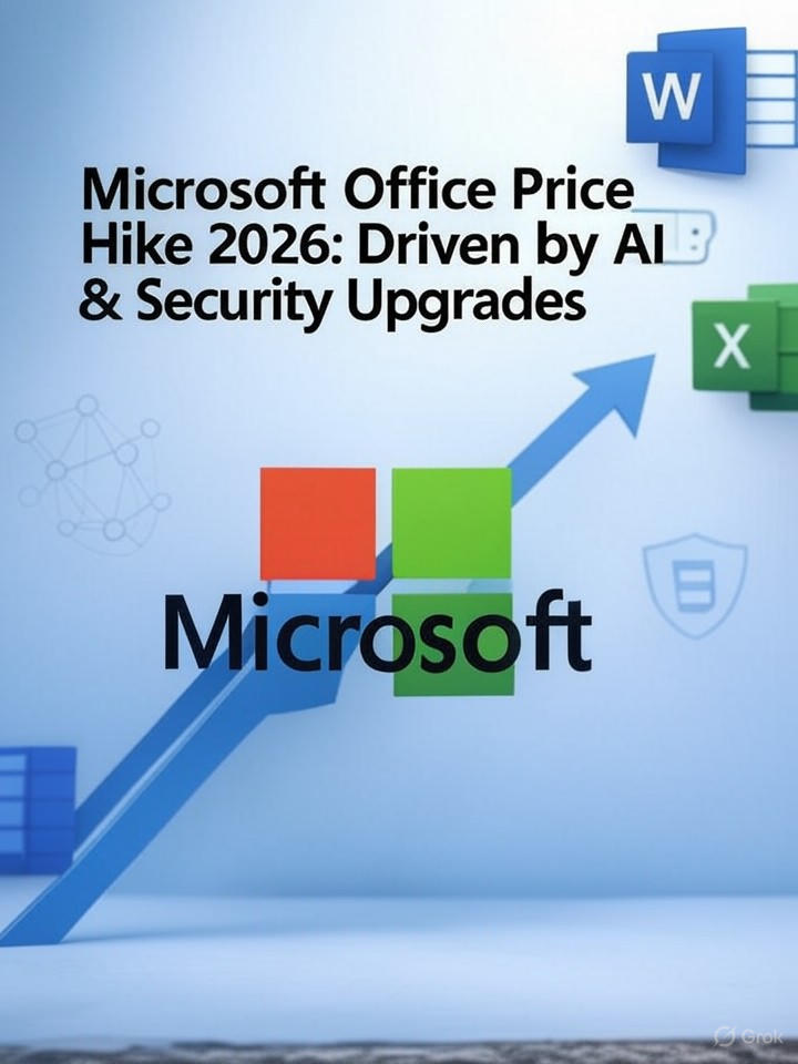 Microsoft Office Price Hike 2026 headline with prominent Microsoft logo, upward arrow/graph for rising prices, AI neural-network and shield icons, subtle Word and Excel icons on a blue‑white background.