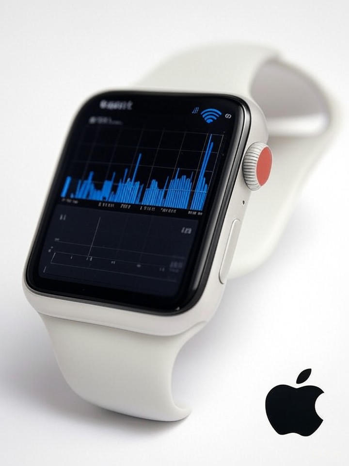 Apple Watch on a minimal white-gray background showing watchOS 26.2 sleep tracking interface with improved sleep graphs, subtle Wi‑Fi signal waves, and Apple logo.