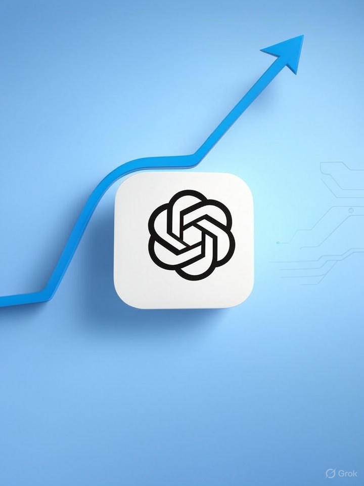 Digital illustration of the OpenAI ChatGPT logo centered with a rising-then-leveling blue line graph representing slowing user growth; minimal white-gray background with subtle circuit lines and abstract chat bubbles.