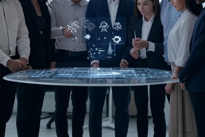 Yoodli logo with a diverse team collaborating around AI interfaces and neural-network visuals — ex-Google founders celebrate funding that tripled valuation to over $300M.