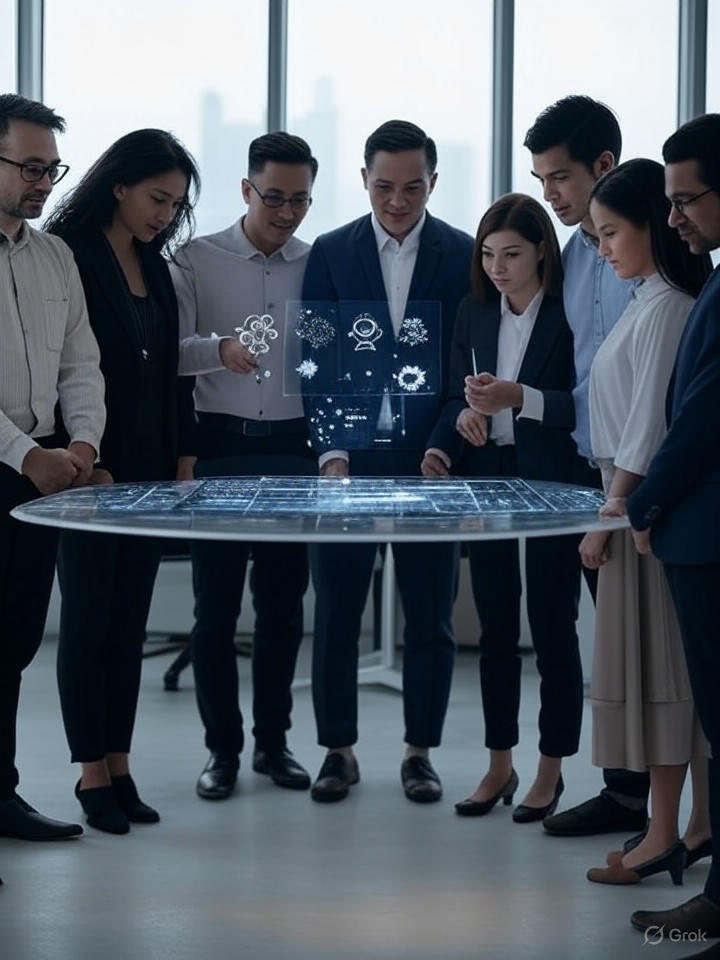 Yoodli logo with a diverse team collaborating around AI interfaces and neural-network visuals — ex-Google founders celebrate funding that tripled valuation to over $300M.