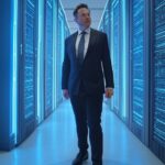 Elon Musk in business attire overseeing "Colossus" transformed into a 2‑gigawatt AI data center — sleek blue‑silver servers, glowing energy lines, subtle X/Tesla logo.