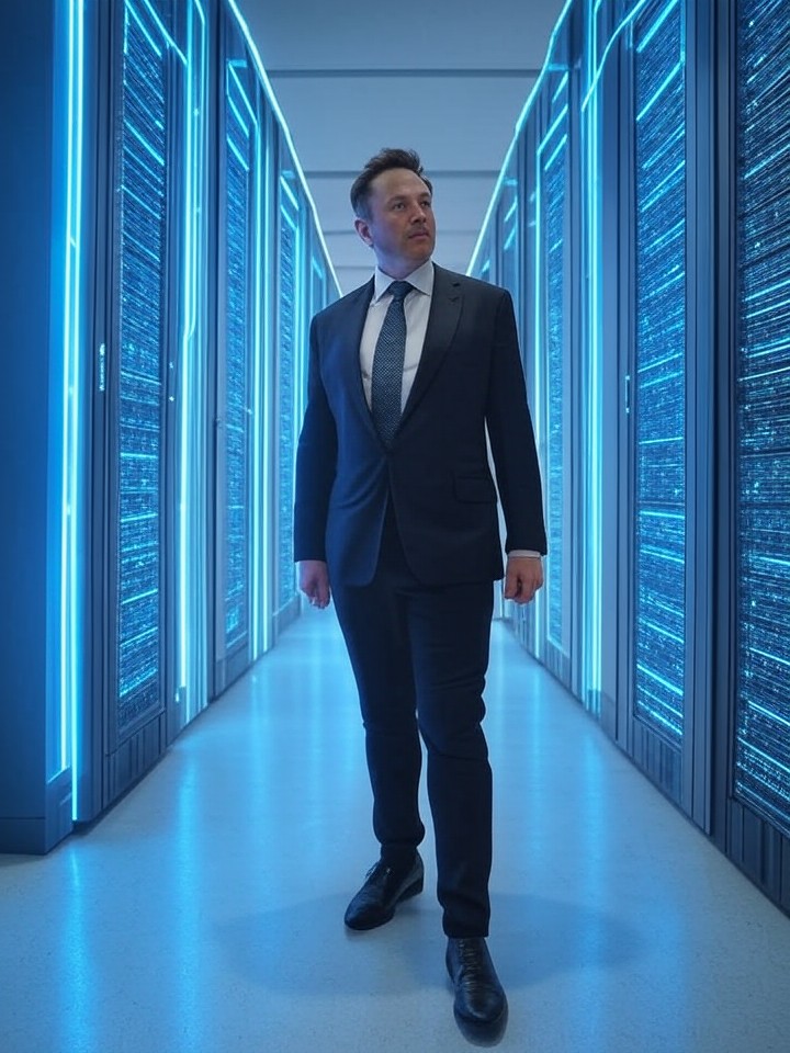 Elon Musk in business attire overseeing "Colossus" transformed into a 2‑gigawatt AI data center — sleek blue‑silver servers, glowing energy lines, subtle X/Tesla logo.