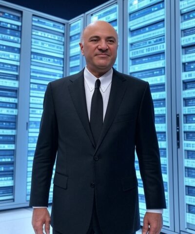 Kevin O’Leary (Mr. Wonderful) standing confidently in front of a massive futuristic data center with glowing servers, AI icons, and a subtle Shark Tank shark‑fin motif in sleek blues and silvers.