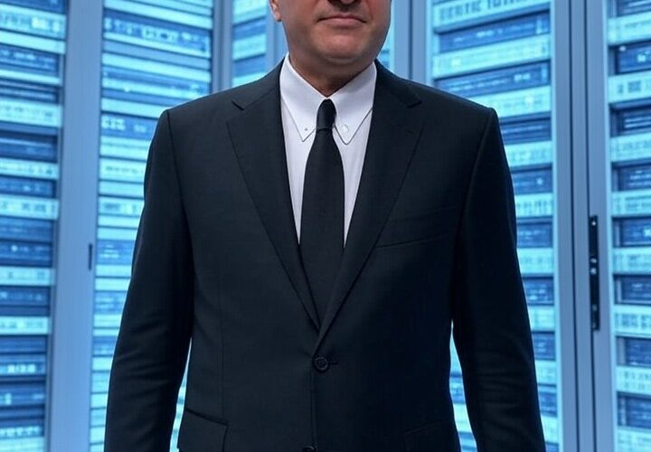 Kevin O’Leary (Mr. Wonderful) standing confidently in front of a massive futuristic data center with glowing servers, AI icons, and a subtle Shark Tank shark‑fin motif in sleek blues and silvers.