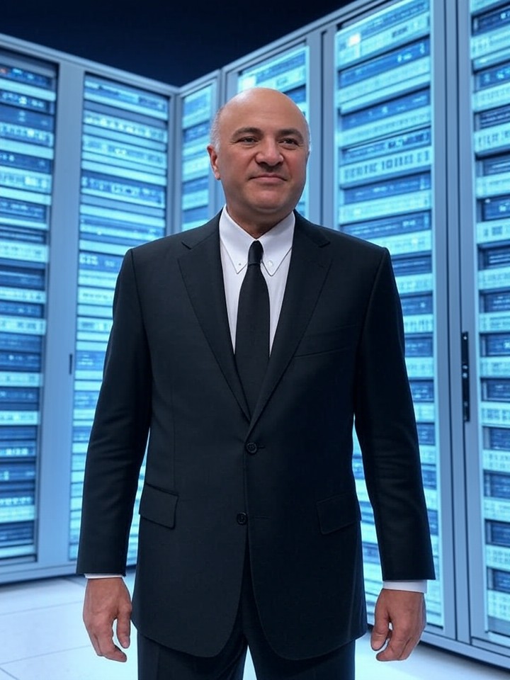 Kevin O’Leary (Mr. Wonderful) standing confidently in front of a massive futuristic data center with glowing servers, AI icons, and a subtle Shark Tank shark‑fin motif in sleek blues and silvers.