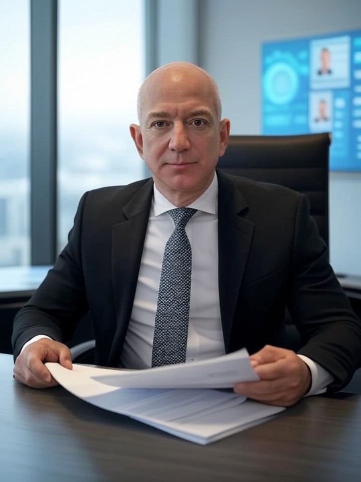 Here are three SEO-friendly alt text options you can use (short, standard, and extended): - Short (concise): "Jeff Bezos in a light modern office reviewing resumes, subtle Amazon logo, AI icons highlighting tech-driven hiring." - Standard (SEO-friendly): "Jeff Bezos reviewing resumes in a light, minimal modern office with a subtle Amazon logo and AI digital-interface icons showing technology-driven hiring." - Extended (for captions/metadata): "Jeff Bezos seated in a clean, light-toned modern office reviewing resumes and interviewing candidates, subtle Amazon logo in the background and AI interface icons illustrating the impact of artificial intelligence on the hiring process."