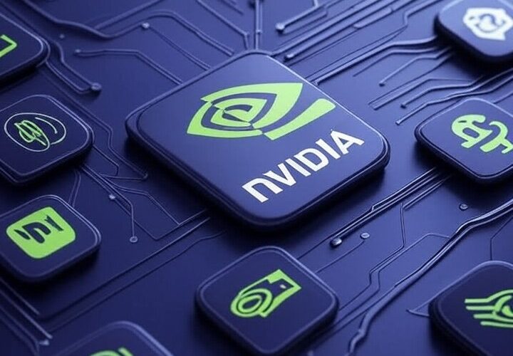 Short alt (recommended for accessibility, ~120 chars): "Nvidia logo centered with green-lit circuit lines linking to stylized AI startup logos (OpenAI, Cohere, Hugging Face) on a dark tech background." SEO-friendly extended alt (for image indexation, ~220 chars): "Professional illustration of Nvidia’s AI empire: prominent Nvidia logo at center with green highlights and subtle circuit patterns, data-flow lines connecting to stylized logos of top invested AI startups (OpenAI, Cohere, Hugging Face), dark tech palette conveying a clean, businesslike network of innovation."