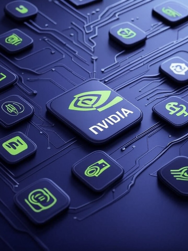 Short alt (recommended for accessibility, ~120 chars): "Nvidia logo centered with green-lit circuit lines linking to stylized AI startup logos (OpenAI, Cohere, Hugging Face) on a dark tech background." SEO-friendly extended alt (for image indexation, ~220 chars): "Professional illustration of Nvidia’s AI empire: prominent Nvidia logo at center with green highlights and subtle circuit patterns, data-flow lines connecting to stylized logos of top invested AI startups (OpenAI, Cohere, Hugging Face), dark tech palette conveying a clean, businesslike network of innovation."