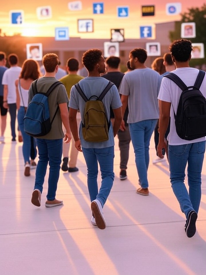 Alt text (SEO-friendly): Sleek, minimal illustration of confident young adults walking away from a university with graduation caps left behind, subtle Apple/Facebook/Microsoft logos and framed portraits of college-dropout founders Mark Zuckerberg, Steve Jobs, and Bill Gates, symbolizing innovation and unconventional success. Short alt (accessibility-friendly): Young adults leaving a university with caps left behind, subtle tech logos and framed portraits of Zuckerberg, Jobs, and Gates — symbolizing innovation.