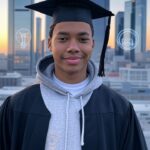 Short (accessibility-friendly, ~125 chars): Young startup founder half in graduation gown, half in hoodie before a modern digital skyline with lightbulb, laptop and rocket SEO-optimized (longer): Confident young startup founder split between graduation gown and casual hoodie, standing before a sleek digital city skyline with lightbulb, laptop and rocket icons and recognizable startup logos like Facebook and Apple, conveying modern, aspirational success.